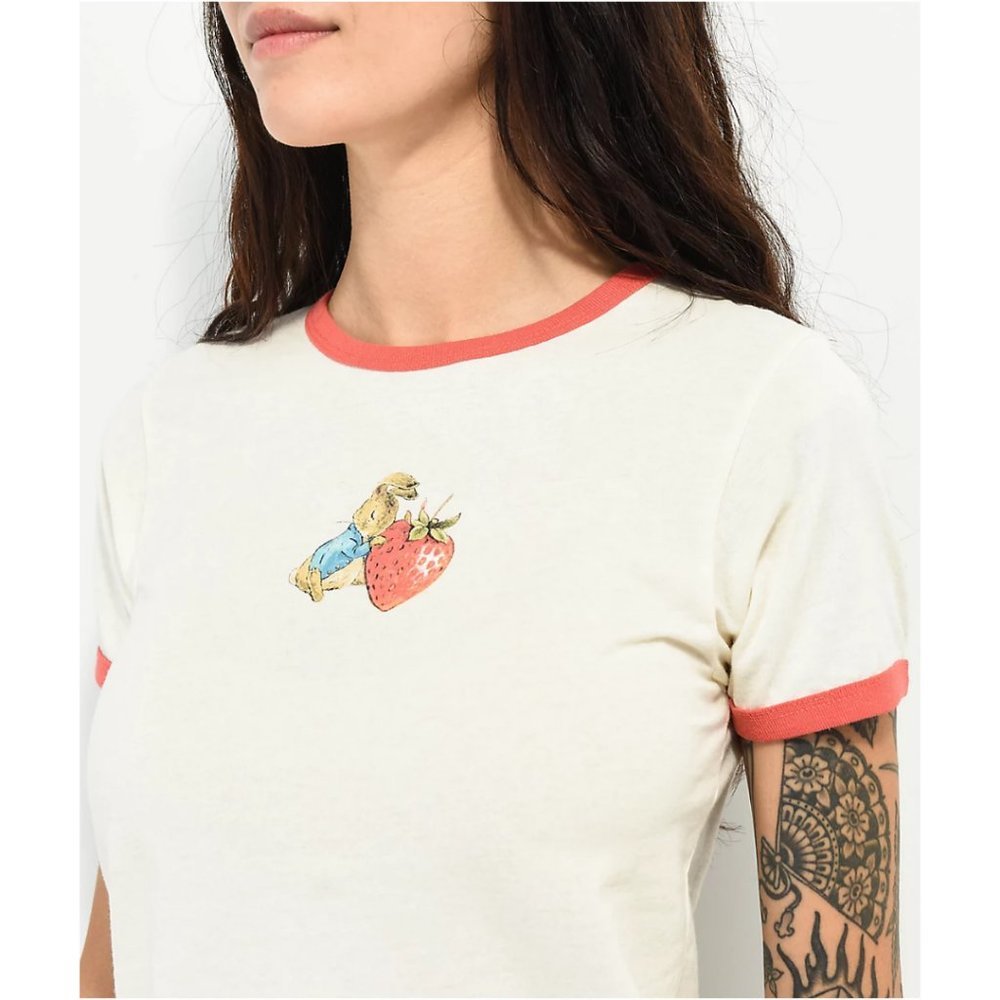 🏷️NWT Peter Rabbit Love Strawberry Ringer White Crop T-Shirt - S, M, L - Picture 4 of 7